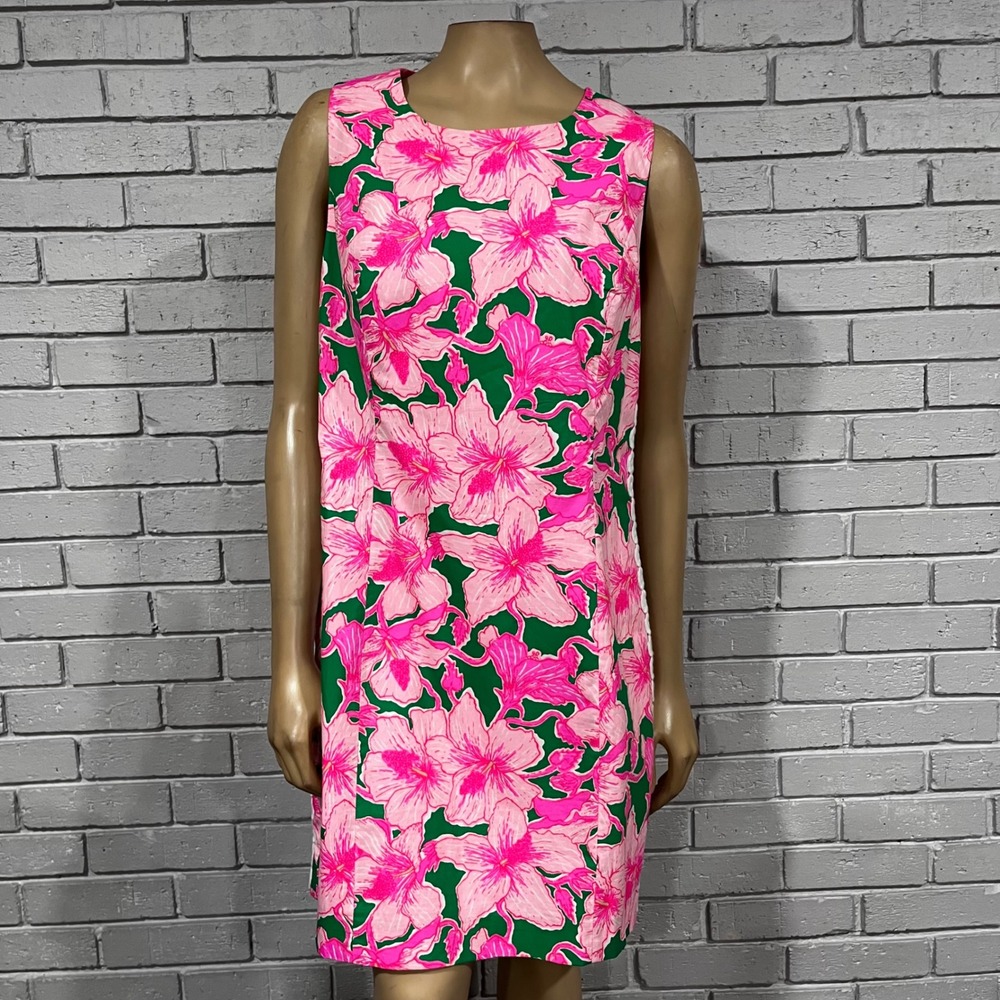 Lilly Pulitzer Pink Green Floral Shift Dress Lace Trim Sleeveless Size 14 NWT